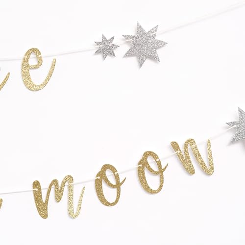We're Over the Moon Banner – Real Gold Glitter Baby Shower & Gender Reveal Decoration, Pre-Strung Cardboard Banner 9x7 Inches