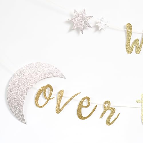 We're Over the Moon Banner – Real Gold Glitter Baby Shower & Gender Reveal Decoration, Pre-Strung Cardboard Banner 9x7 Inches