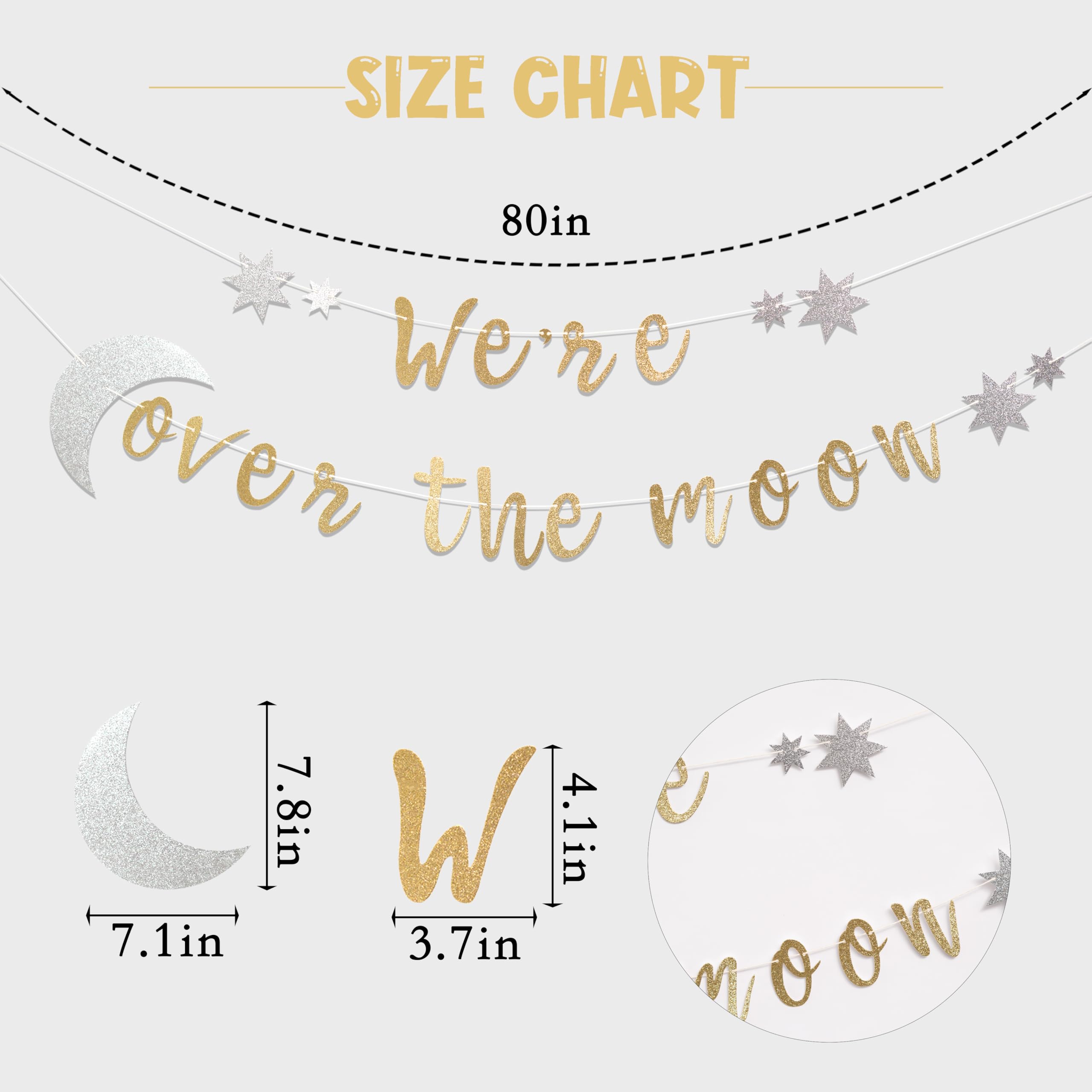 We're Over the Moon Banner – Real Gold Glitter Baby Shower & Gender Reveal Decoration, Pre-Strung Cardboard Banner 9x7 Inches