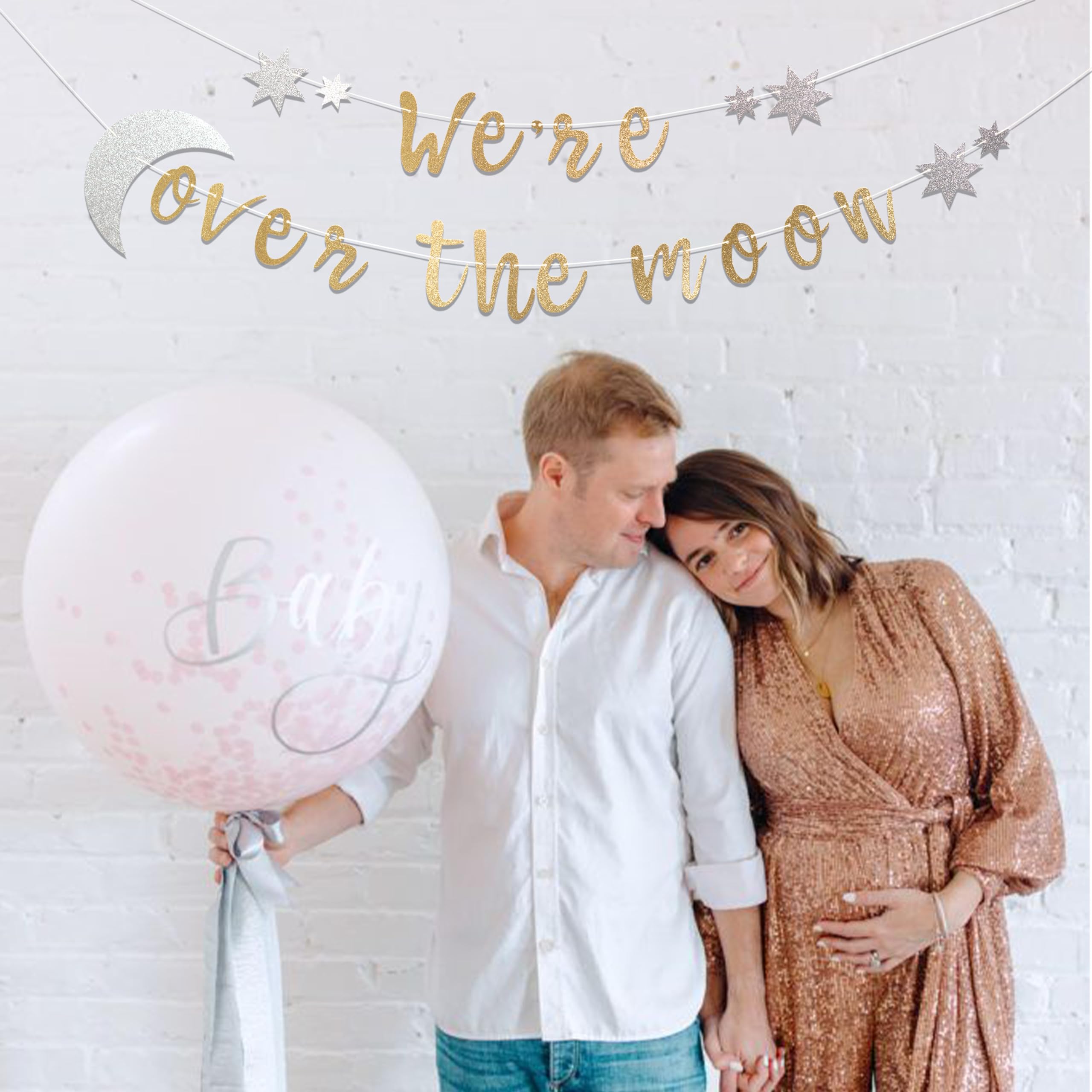 We're Over the Moon Banner – Real Gold Glitter Baby Shower & Gender Reveal Decoration, Pre-Strung Cardboard Banner 9x7 Inches