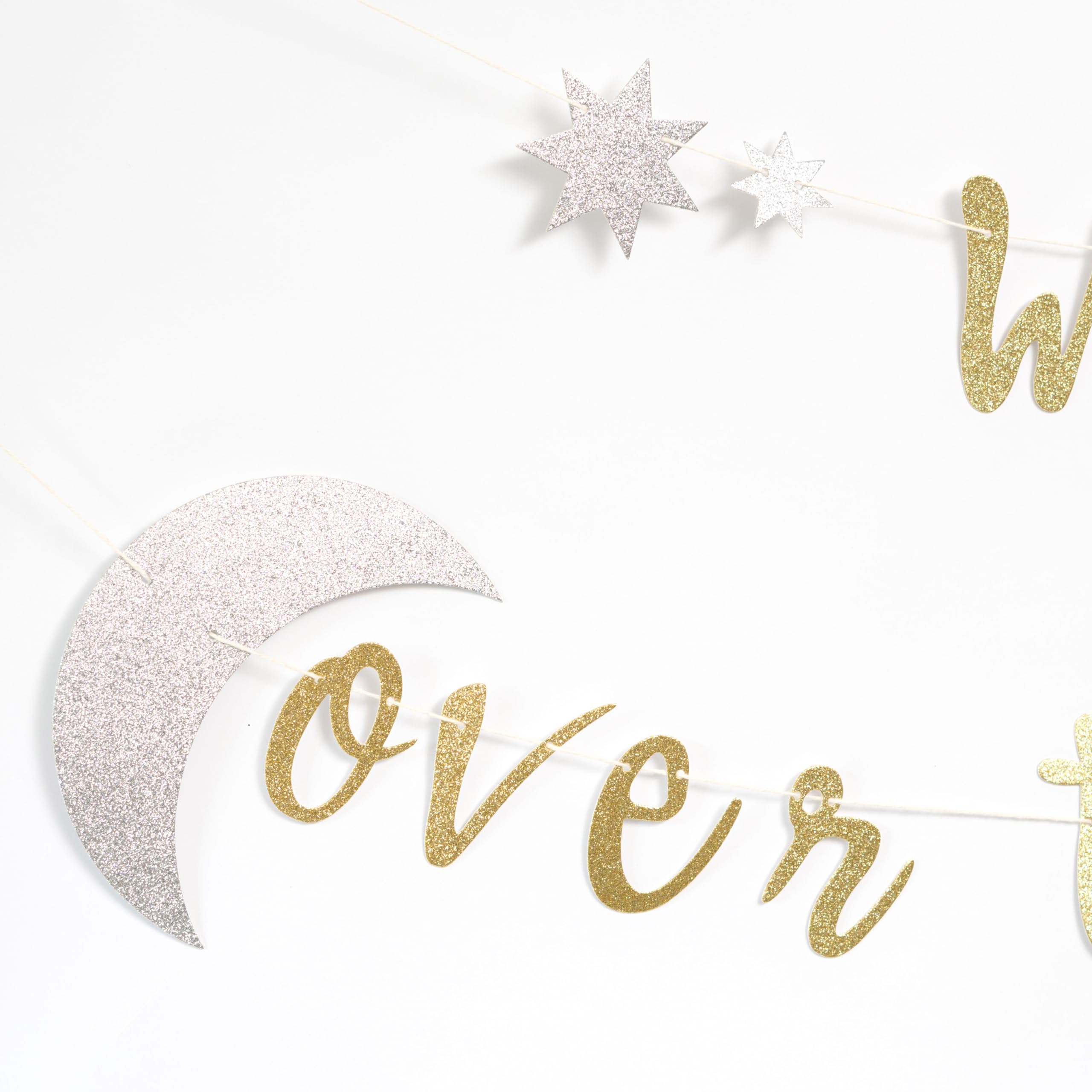 We're Over the Moon Banner – Real Gold Glitter Baby Shower & Gender Reveal Decoration, Pre-Strung Cardboard Banner 9x7 Inches