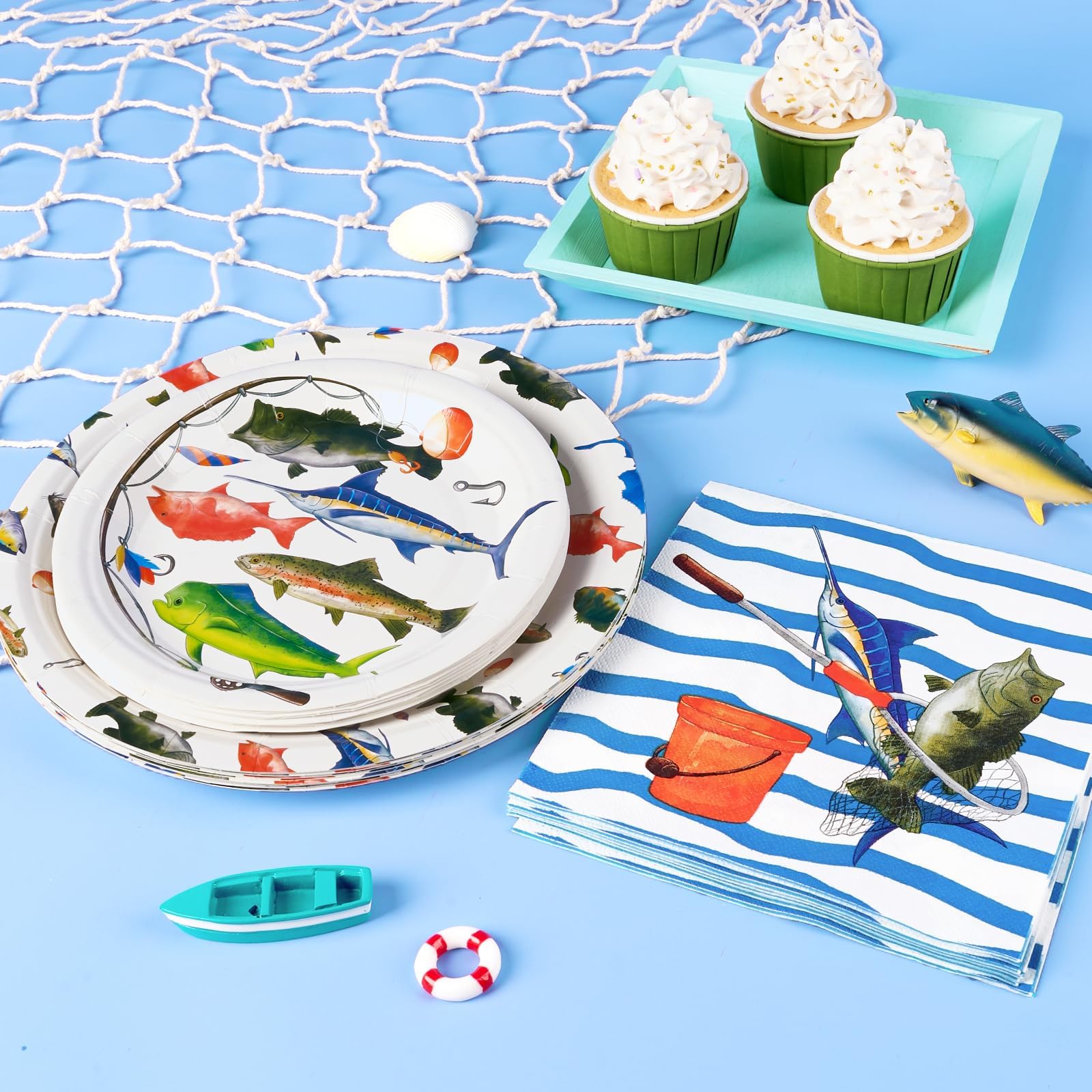 WERNNSAI 48-Piece Fishing Party Tableware Set - Disposable Plates and Napkins for 16 Guests