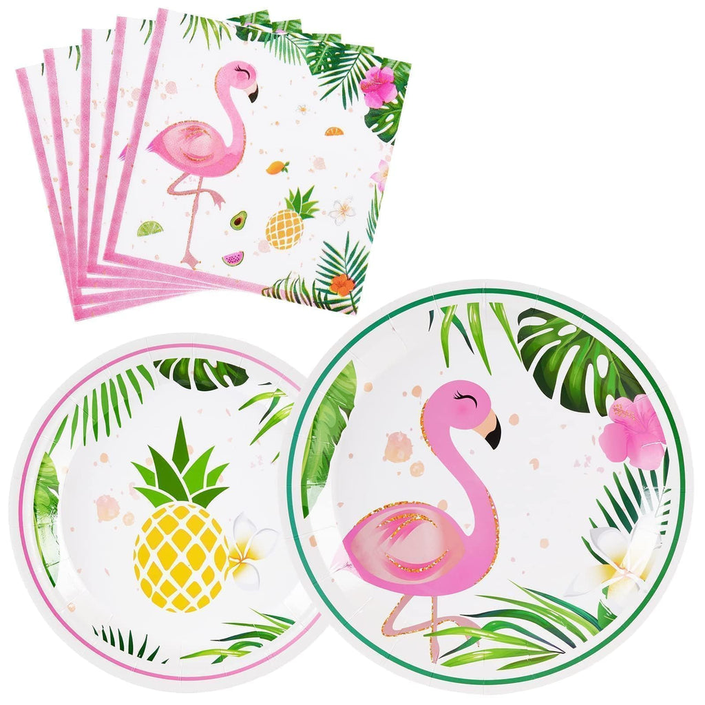 WERNNSAI 48-Piece Flamingo Party Tableware Set - Tropical Dinner Plates, Dessert Plates & Napkins for 16 Guests