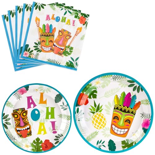 WERNNSAI 48-Piece Hawaiian Luau Party Supplies Set - Plates and Napkins for 16 Guests