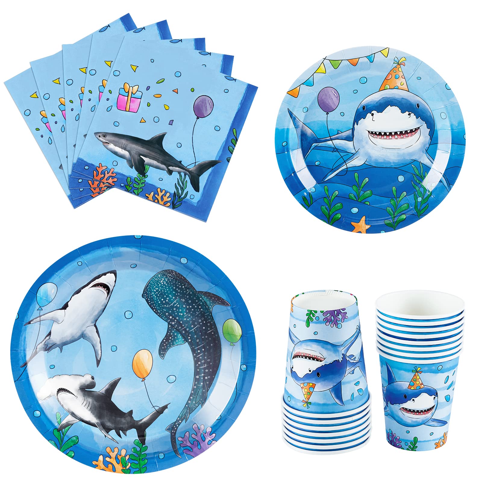 WERNNSAI 64-Piece Shark Birthday Party Tableware Set - Blue Ocean Theme Plates, Napkins, Cups for 16 Guests