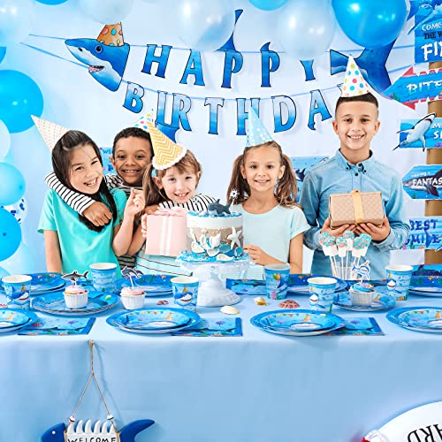 WERNNSAI 64-Piece Shark Birthday Party Tableware Set - Blue Ocean Theme Plates, Napkins, Cups for 16 Guests