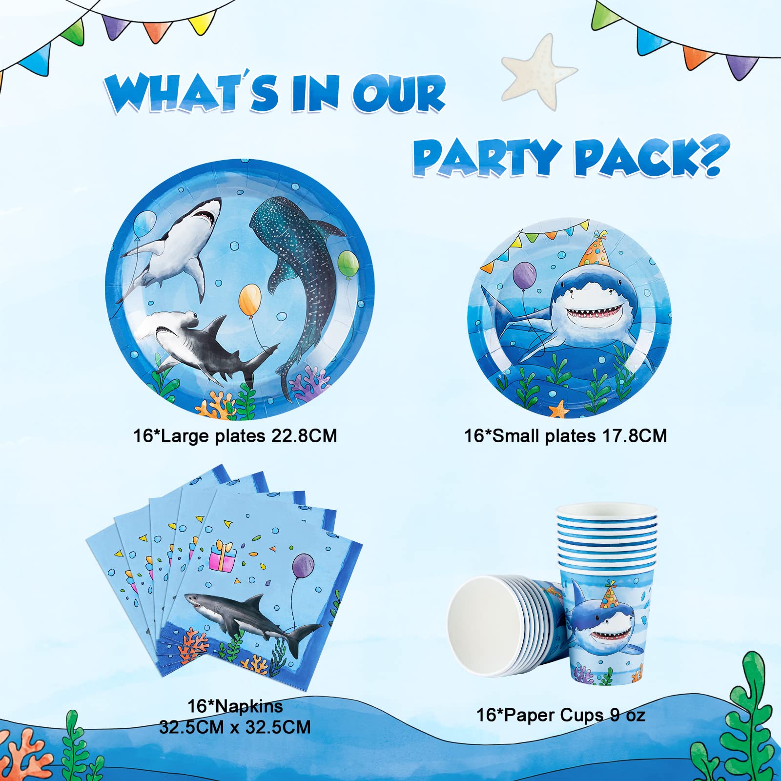 WERNNSAI 64-Piece Shark Birthday Party Tableware Set - Blue Ocean Theme Plates, Napkins, Cups for 16 Guests