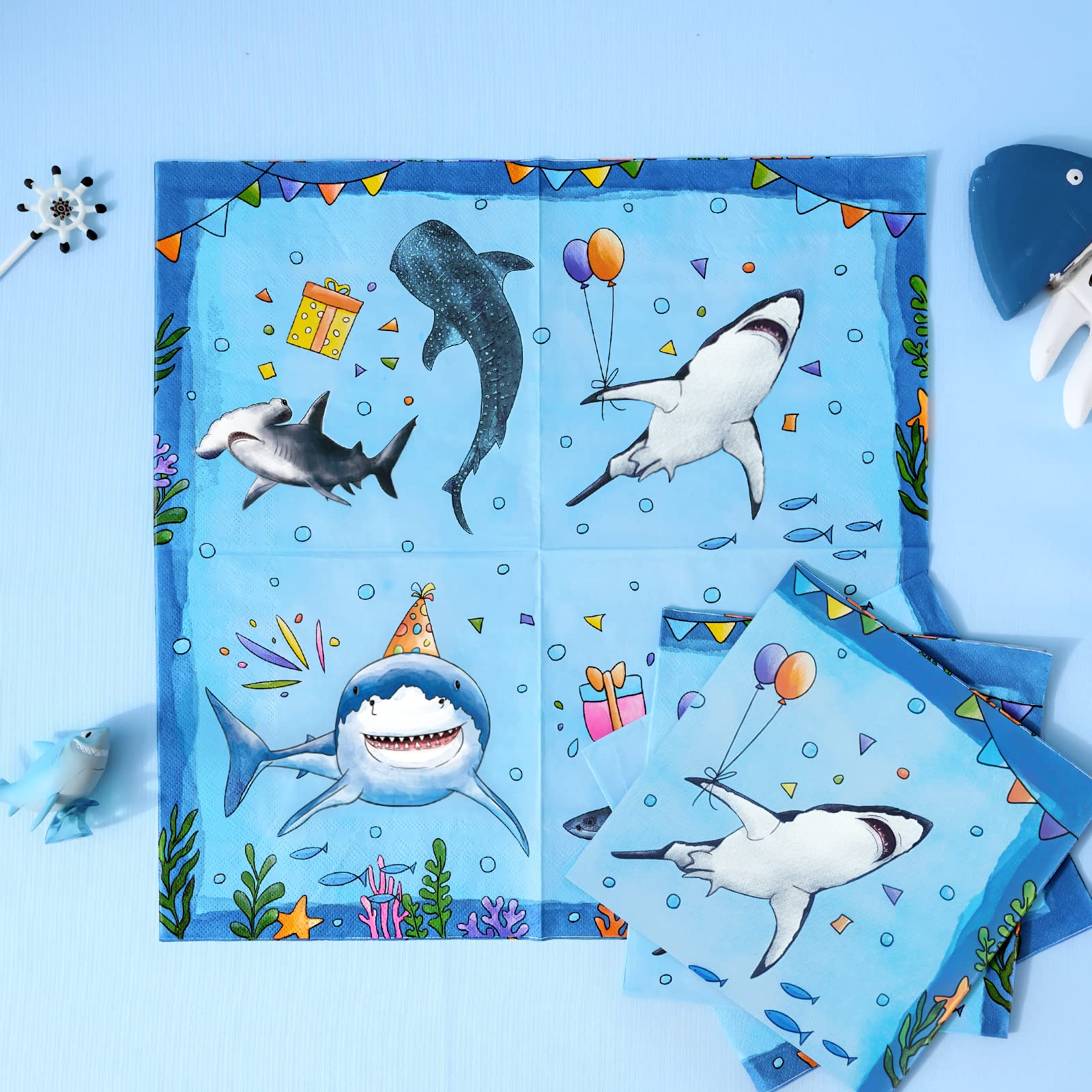 WERNNSAI 64-Piece Shark Birthday Party Tableware Set - Blue Ocean Theme Plates, Napkins, Cups for 16 Guests