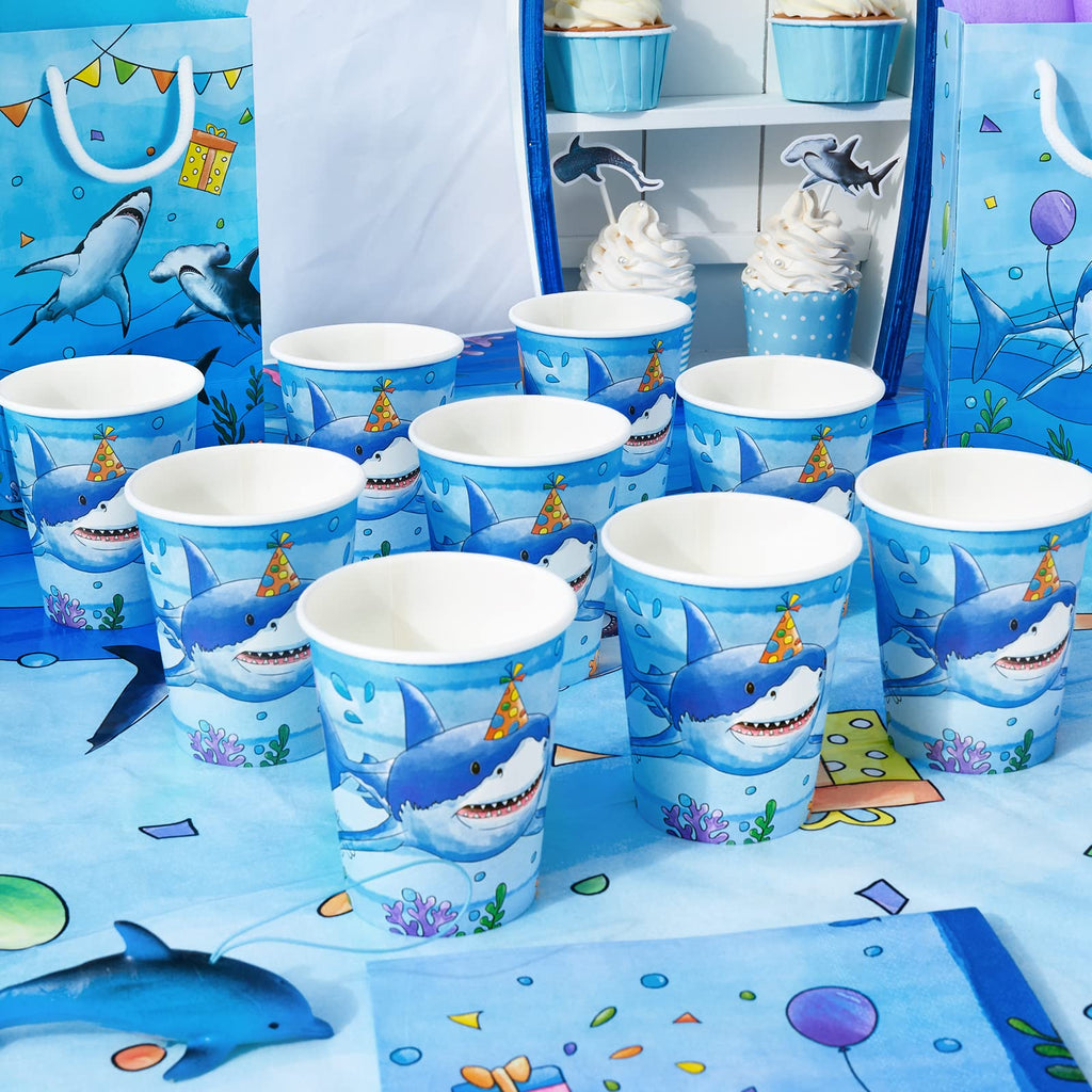 WERNNSAI 64-Piece Shark Birthday Party Tableware Set - Blue Ocean Theme Plates, Napkins, Cups for 16 Guests