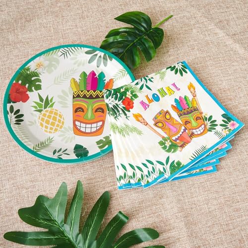 WERNNSAI Hawaiian Luau Disposable Plates and Napkins Set - 50 Plates & 50 Napkins for Tropical Party