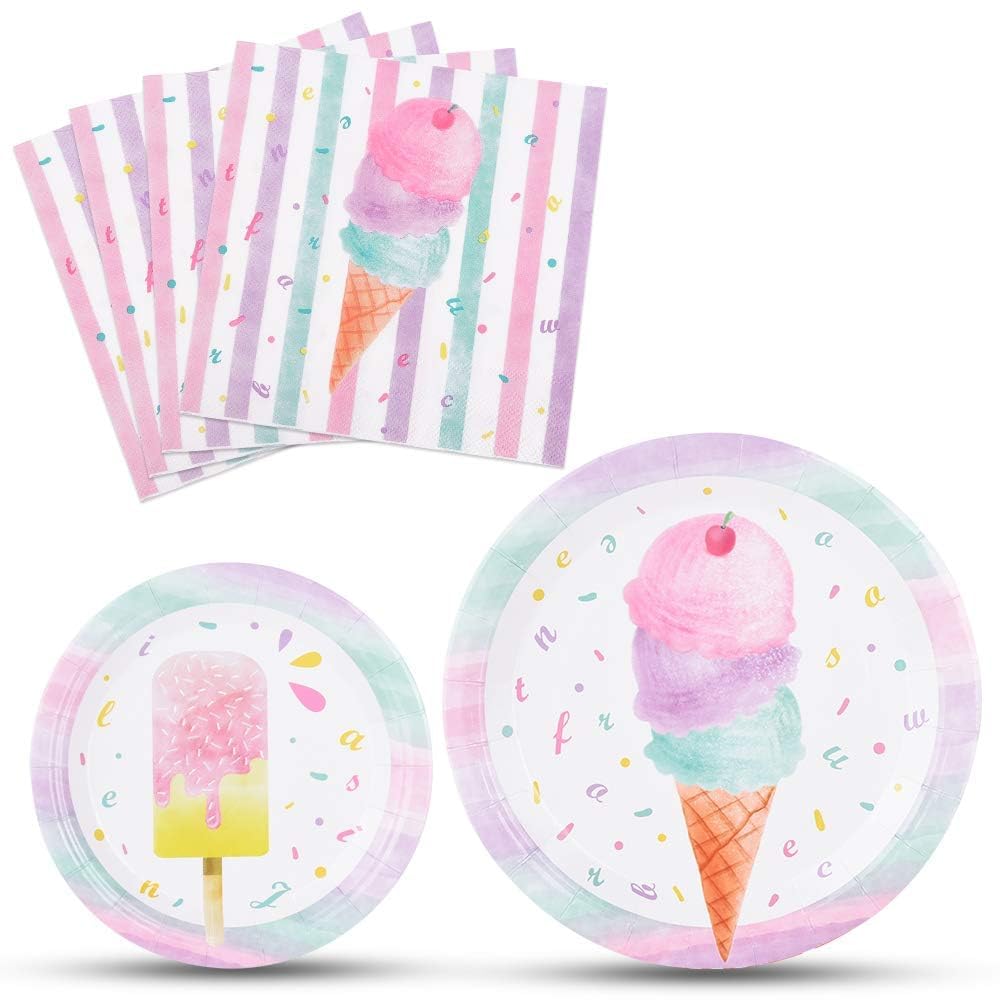 WERNNSAI Ice Cream Plates and Napkins - 48-Piece Disposable Party Set with Popsicle Design for 16 Guests