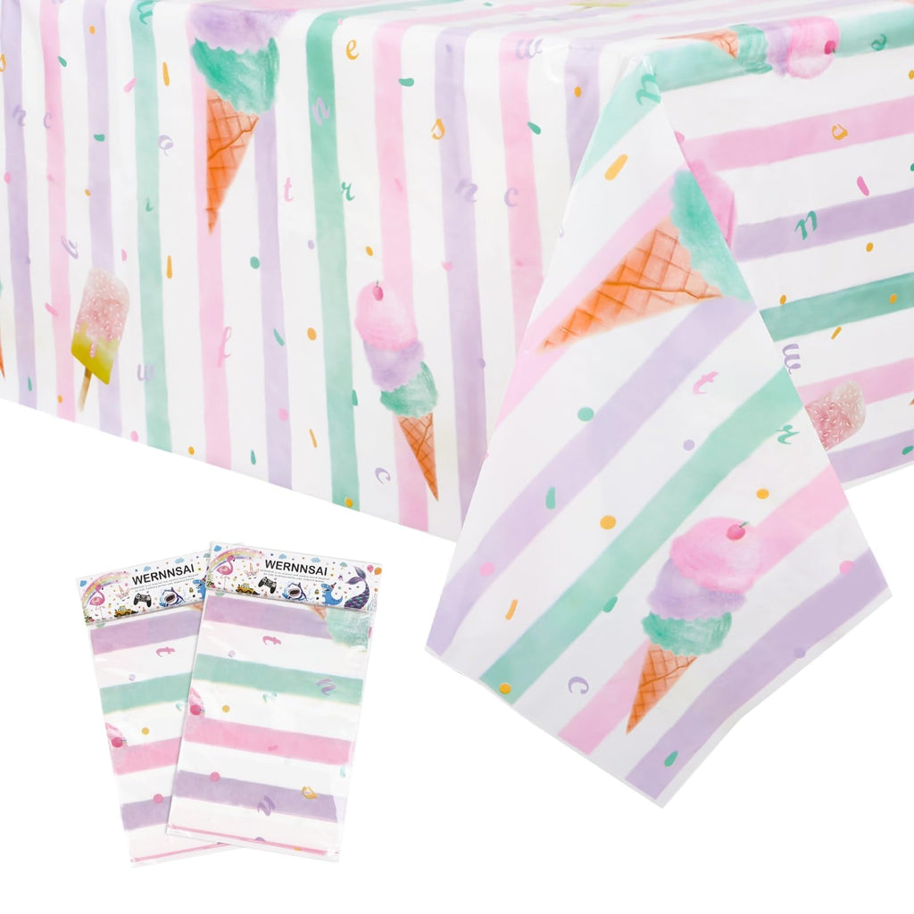 WERNNSAI Ice Cream Tablecloth 2-Pack - 108x54 Inch Plastic Sprinkle Table Cover for Summer Birthday Party Decorations