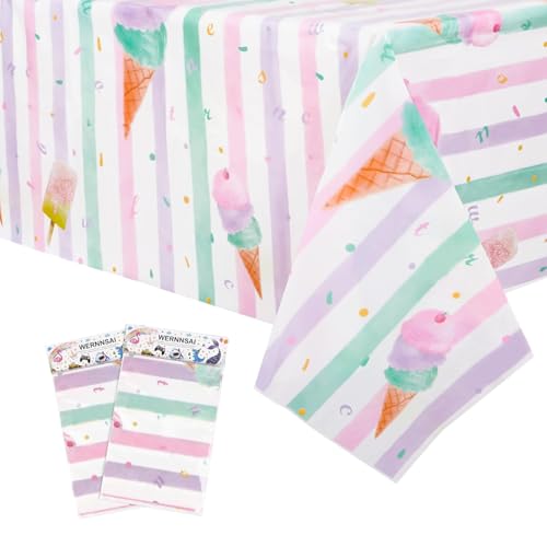 WERNNSAI Ice Cream Tablecloth 2-Pack - 108x54 Inch Plastic Sprinkle Table Cover for Summer Birthday Party Decorations