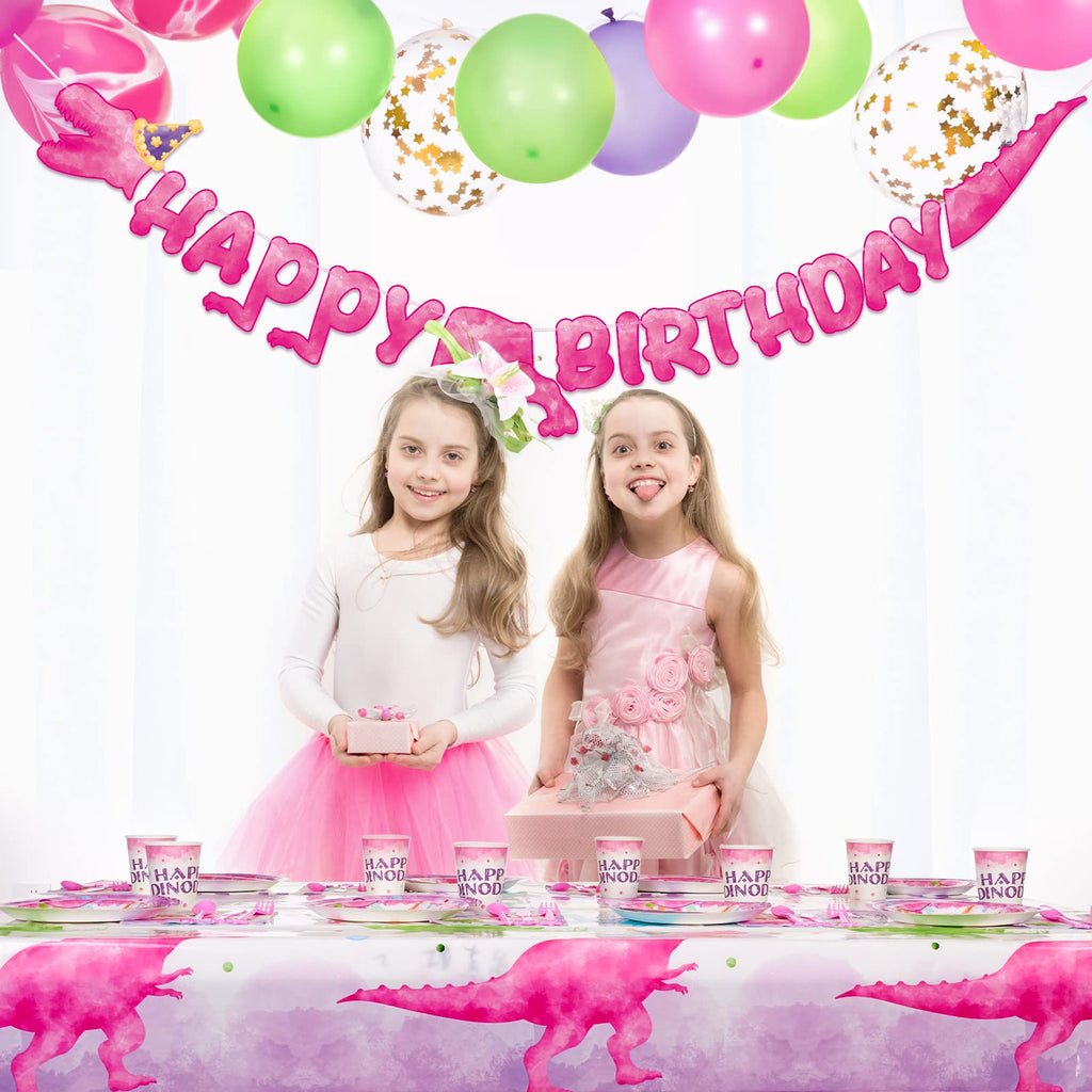 WERNNSAI Pink Dinosaur Party Tableware Set - 64 Pieces Dino Plates, Napkins, Cups for Girls Birthday