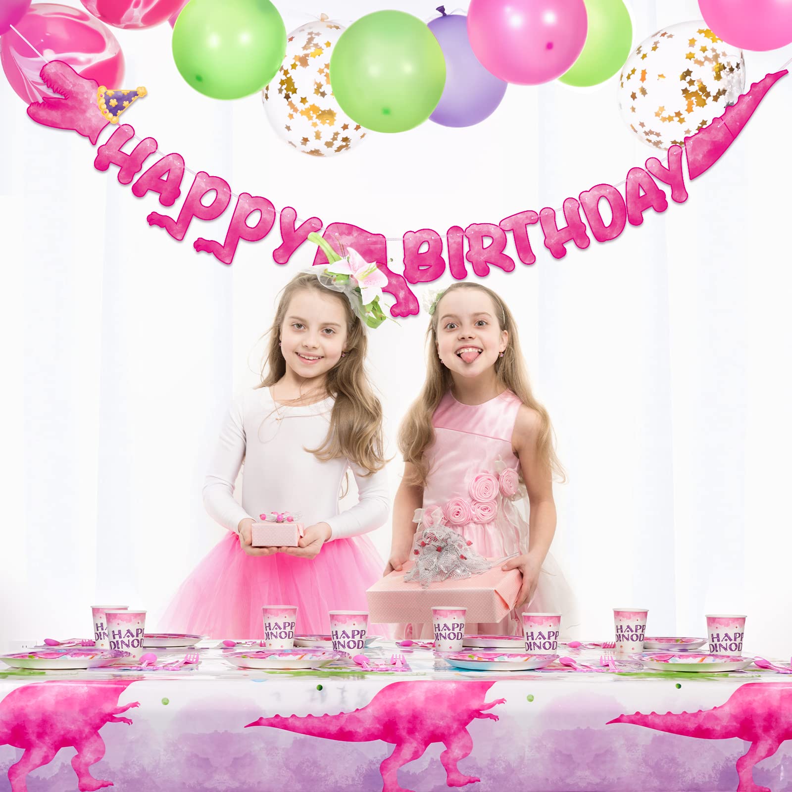 WERNNSAI Pink Dinosaur Party Tableware Set - 64 Pieces Dino Plates, Napkins, Cups for Girls Birthday