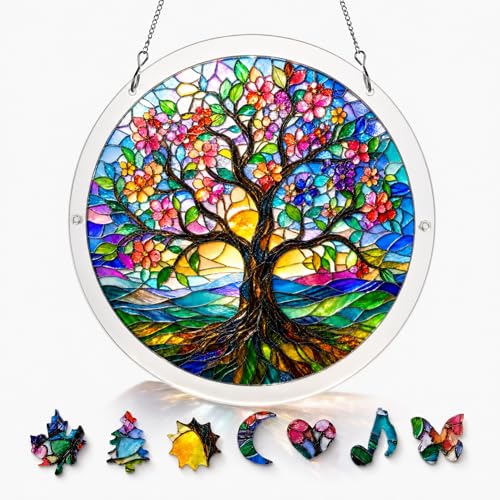 WesGen Acrylic Suncatcher Puzzle – 9.8 Inch Tree of Life DIY Window Decor