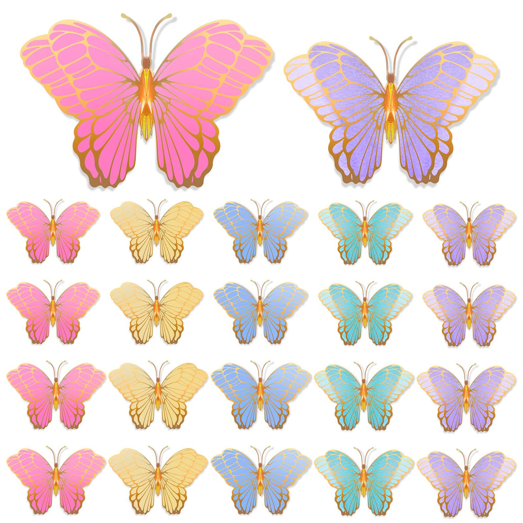Wettarn 20 Pack 3D Butterfly Table Centerpieces – Gold, Green, Yellow, Purple, Pink & Blue – 10x7 & 12x9 Inches – Mixed Color Party Decor