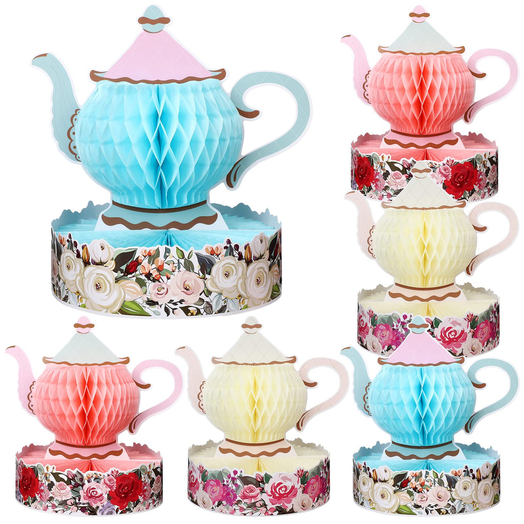 Wettarn 6 Pcs Floral Tea Party Centerpieces – 3D Honeycomb Teapot Decor for Tables