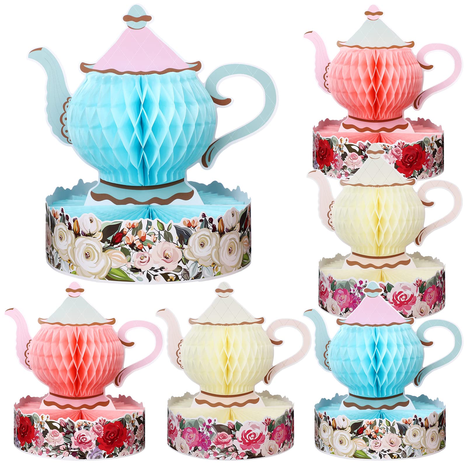 Wettarn 6 Pcs Floral Tea Party Centerpieces – 3D Honeycomb Teapot Decor for Tables