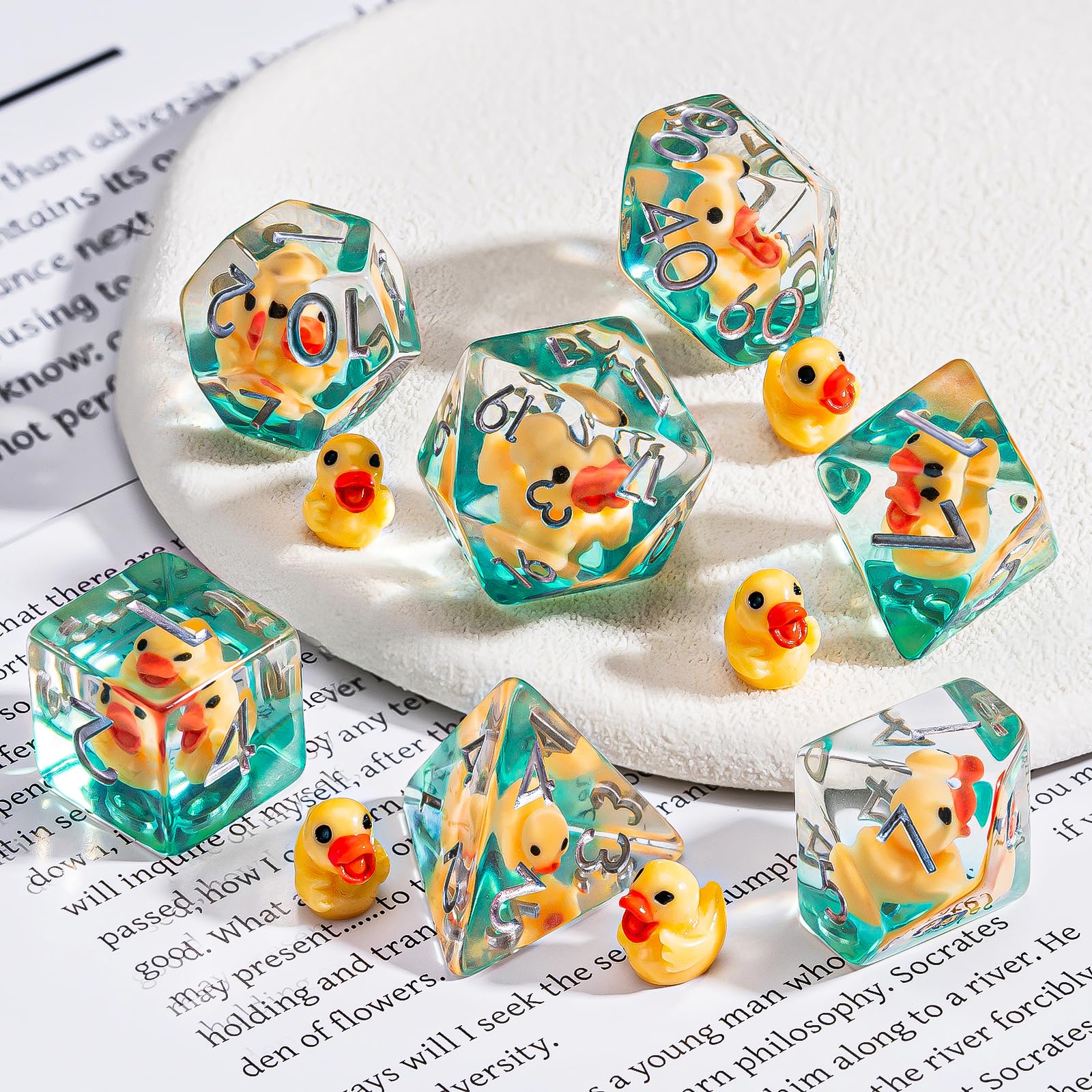 Weyano 7-Piece Resin D&D Dice Set with Duck Charm - Polyhedral RPG Dice for Dungeons & Dragons and Tabletop Games