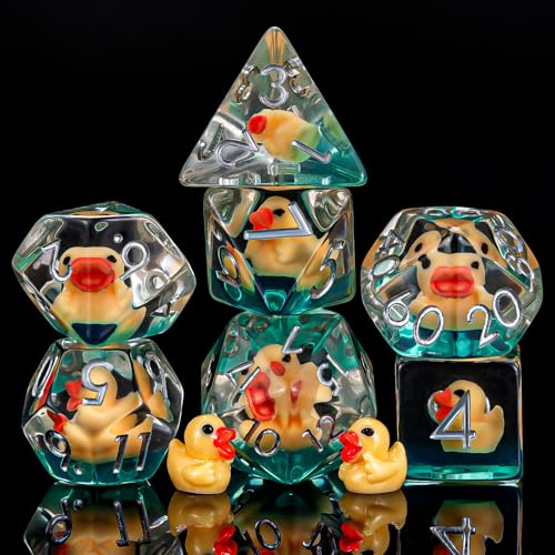 Weyano 7-Piece Resin D&D Dice Set with Duck Charm - Polyhedral RPG Dice for Dungeons & Dragons and Tabletop Games