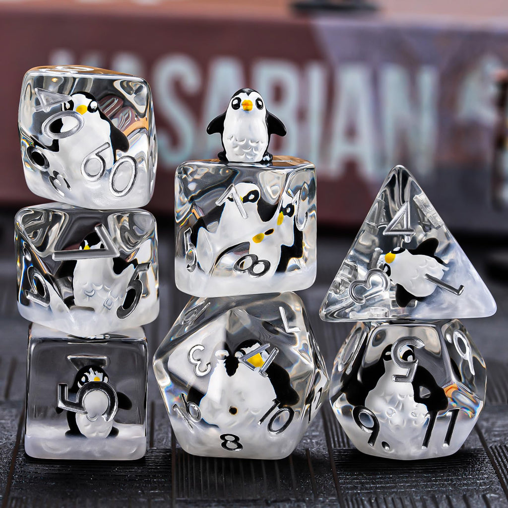 Weyano Penguin Resin Dice Set - 7-Piece Polyhedral Dice for D&D and RPG Games