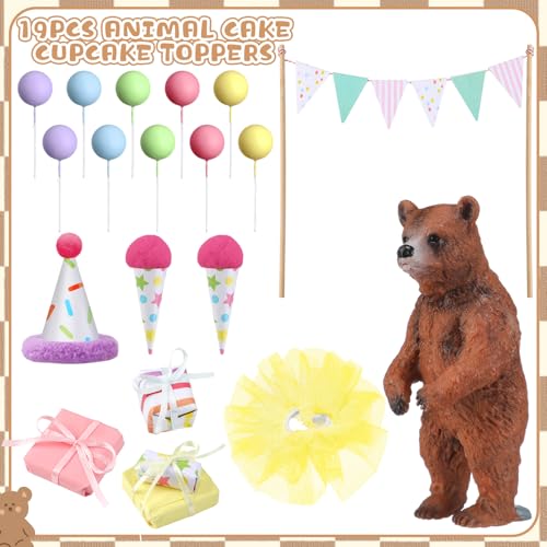 Weysat 19-Piece Brown Bear Cake Topper Set for Birthday & Gender Reveal Parties