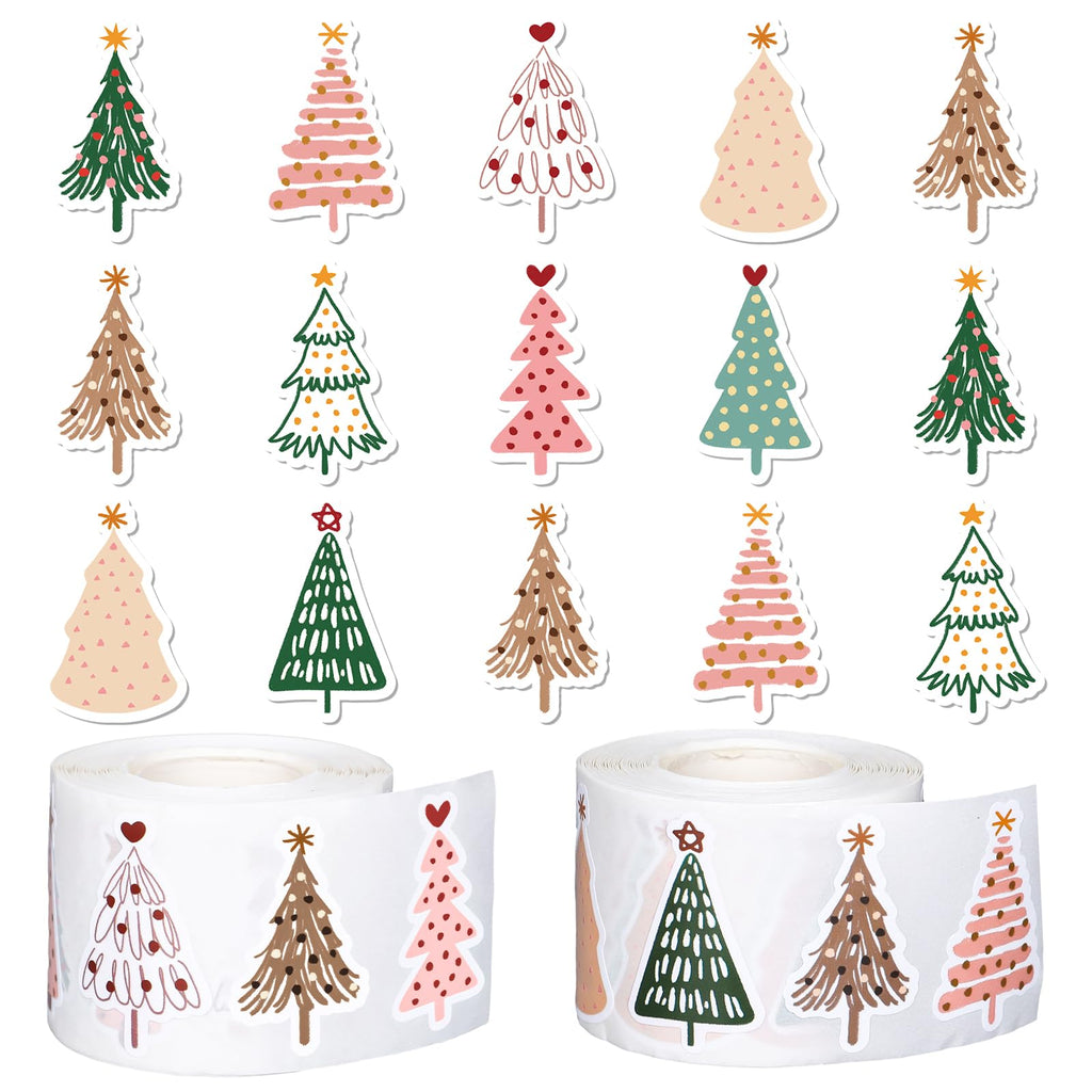 Whaline 1000-Piece Christmas Boho Stickers – 12 Pine Tree Designs, 2 Rolls