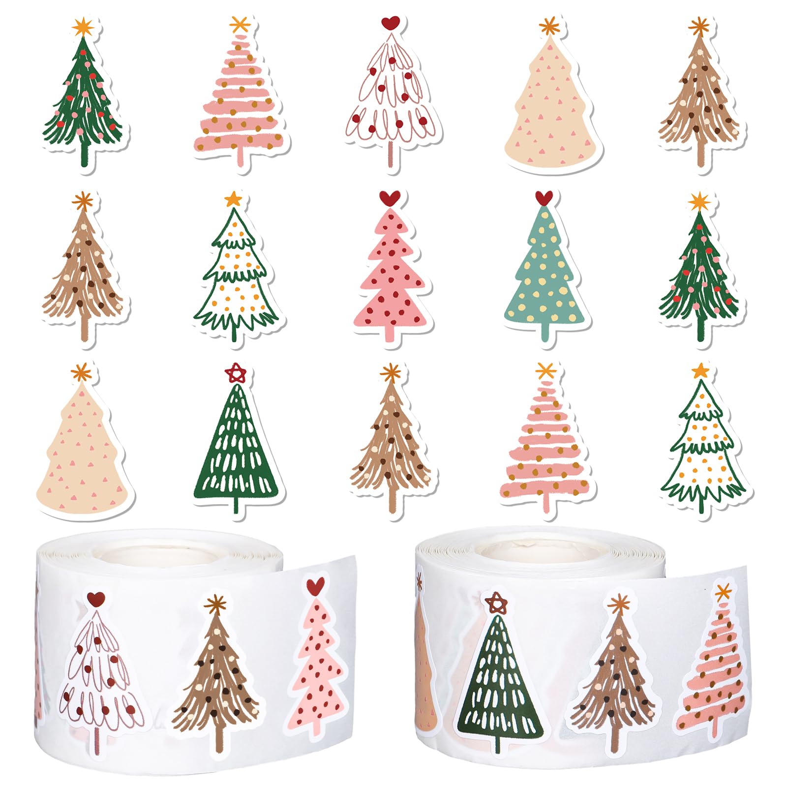Whaline 1000-Piece Christmas Boho Stickers – 12 Pine Tree Designs, 2 Rolls