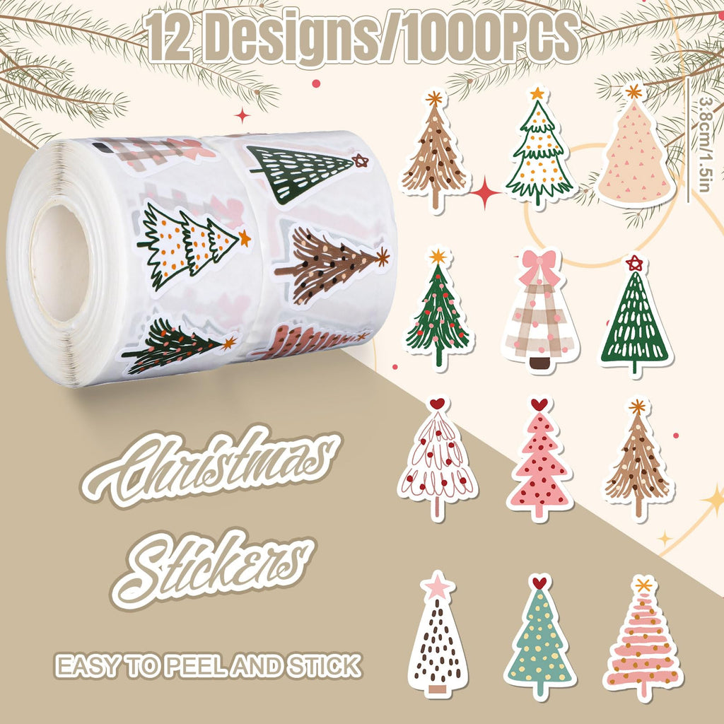 Whaline 1000-Piece Christmas Boho Stickers – 12 Pine Tree Designs, 2 Rolls