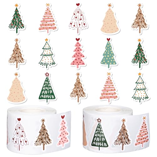 Whaline 1000-Piece Christmas Boho Stickers – 12 Pine Tree Designs, 2 Rolls