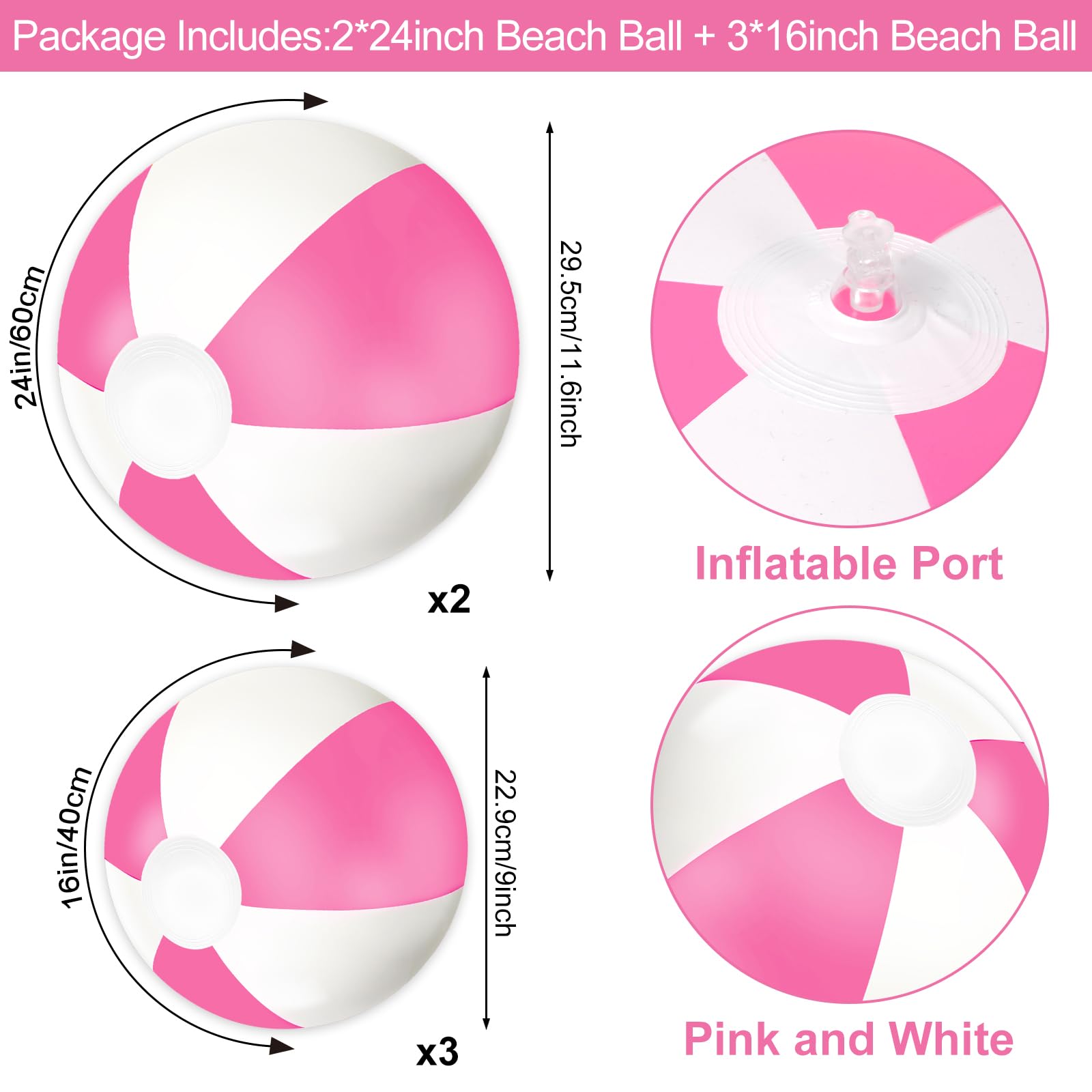 Whaline 5-Piece Inflatable Beach Ball Set - Pink & White PVC Pool Toys (16 & 24 Inch)