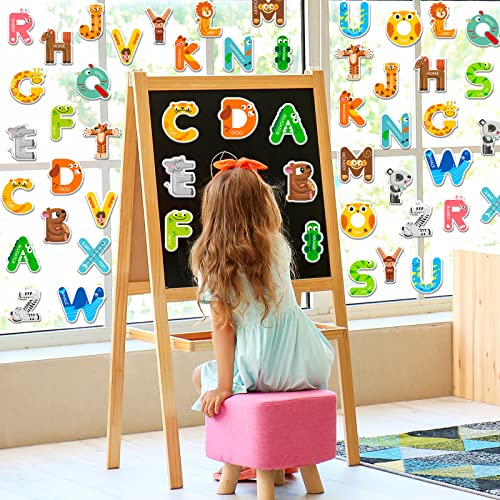 Whaline 52-Piece Alphabet Gel Clings with Animal Designs – Reusable Uppercase Letter Stickers for Windows, Mirrors, and Fridge – Preschool Educational Learning Tool