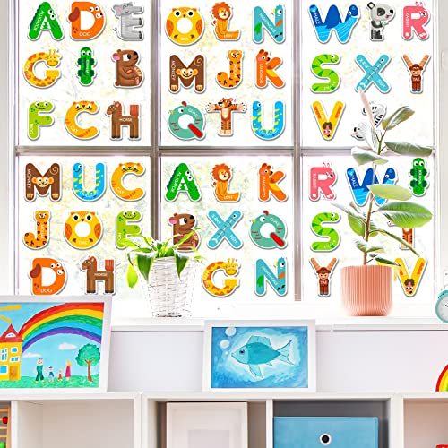 Whaline 52-Piece Alphabet Gel Clings with Animal Designs – Reusable Uppercase Letter Stickers for Windows, Mirrors, and Fridge – Preschool Educational Learning Tool