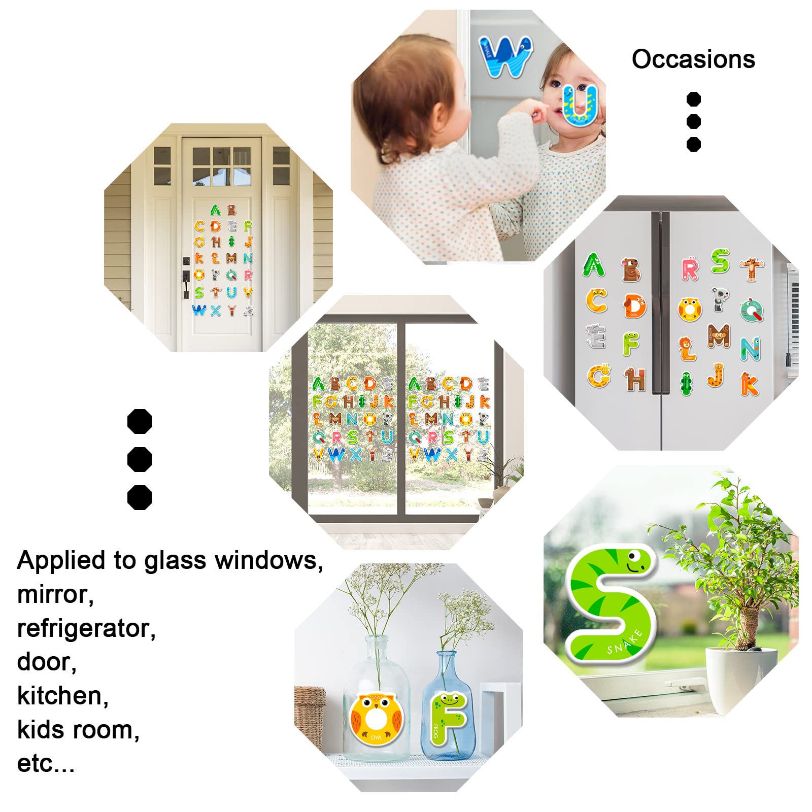 Whaline 52-Piece Alphabet Gel Clings with Animal Designs – Reusable Uppercase Letter Stickers for Windows, Mirrors, and Fridge – Preschool Educational Learning Tool