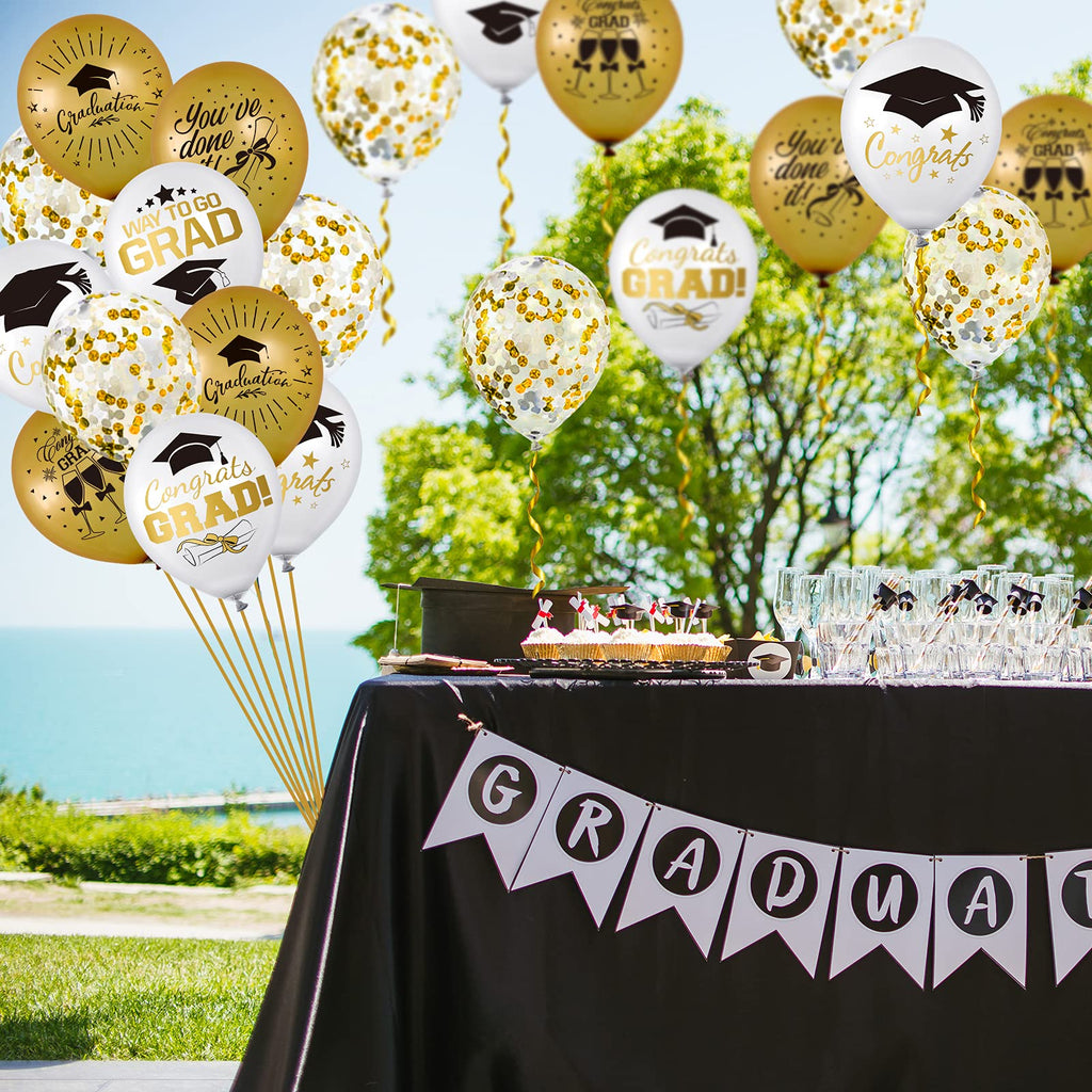 Whaline 60-Piece Graduation Balloon Set with Confetti & Gold Ribbons – 6 Printed Designs + 12 Confetti Balloons