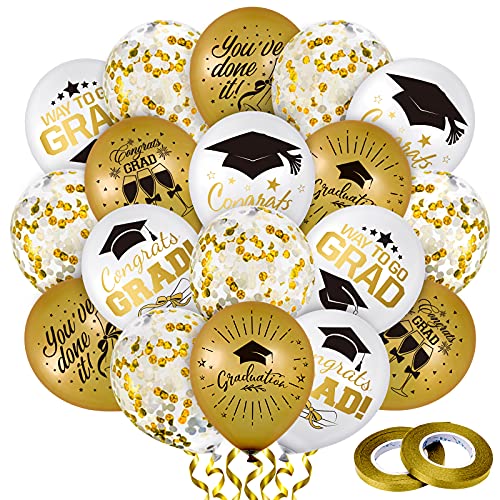 Whaline 60-Piece Graduation Balloon Set with Confetti & Gold Ribbons – 6 Printed Designs + 12 Confetti Balloons