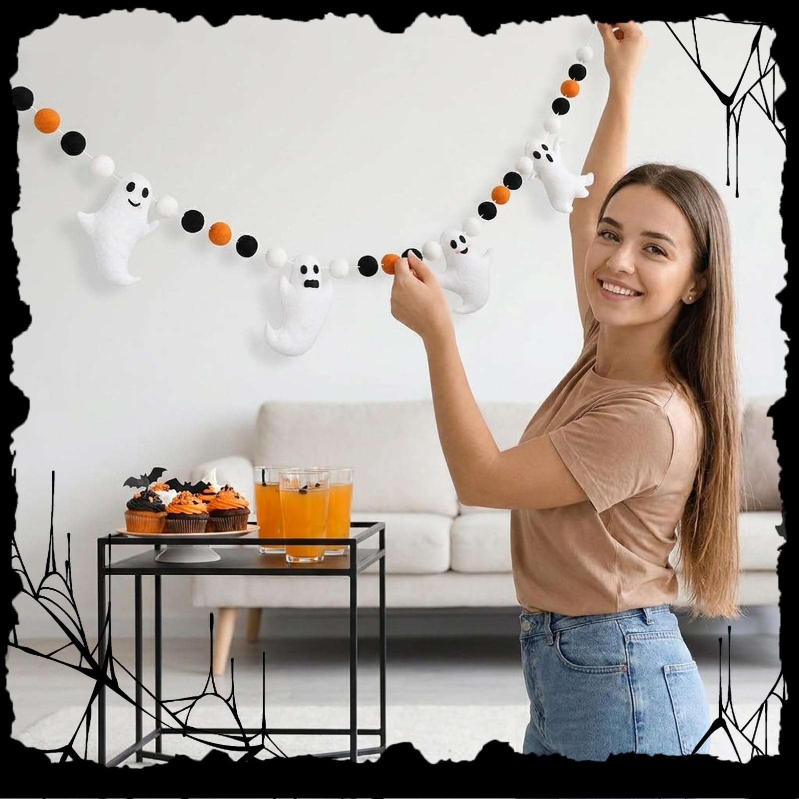 Whaline 6.6 Ft Halloween Ghost Banner with Felt Balls – Cute Ghosts with Different Expressions for Party Decor