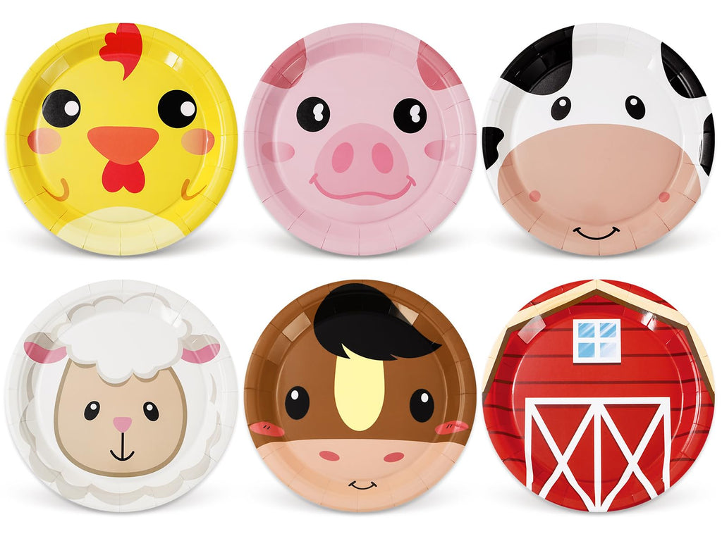 Whaline Farm Animal Paper Plates 24-Pack – 9 Inch Disposable Plates with Chicken, Pig, Cow, Sheep Designs