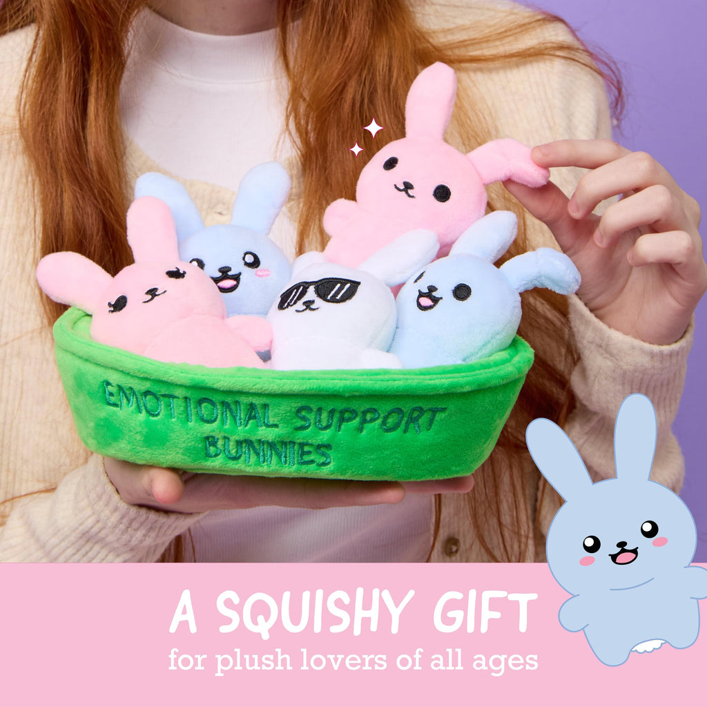 WHAT DO YOU MEME? Emotional Support Bunnies Plush Set – 5 Squishy Bunnies with Basket