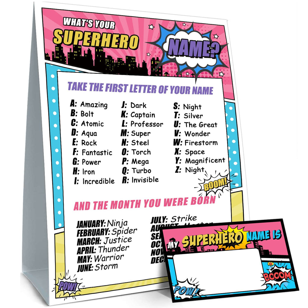 What is Your Superhero Name Game – Superhero Birthday Party Activity with 30 Name Tag Stickers