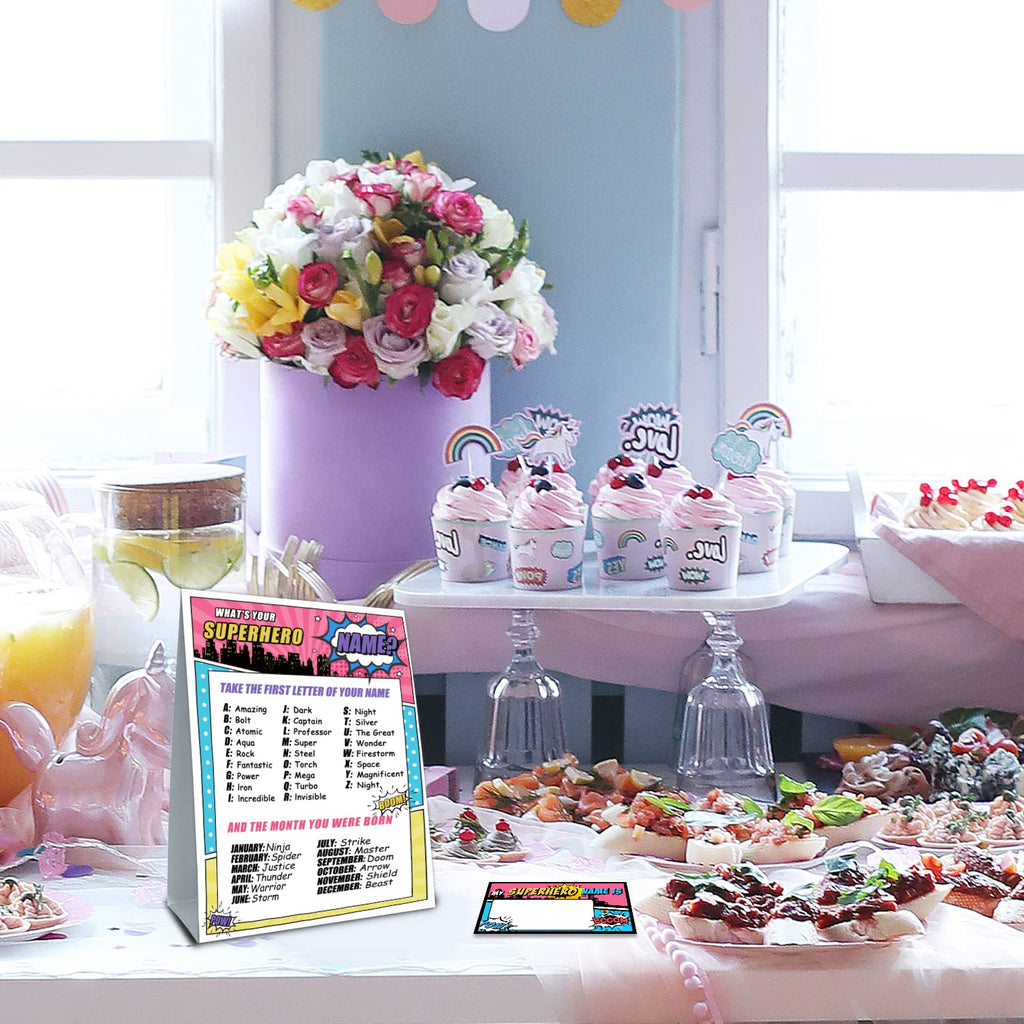 What is Your Superhero Name Game – Superhero Birthday Party Activity with 30 Name Tag Stickers