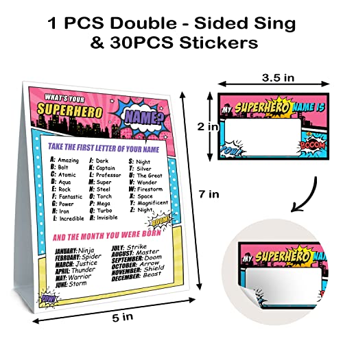What is Your Superhero Name Game – Superhero Birthday Party Activity with 30 Name Tag Stickers