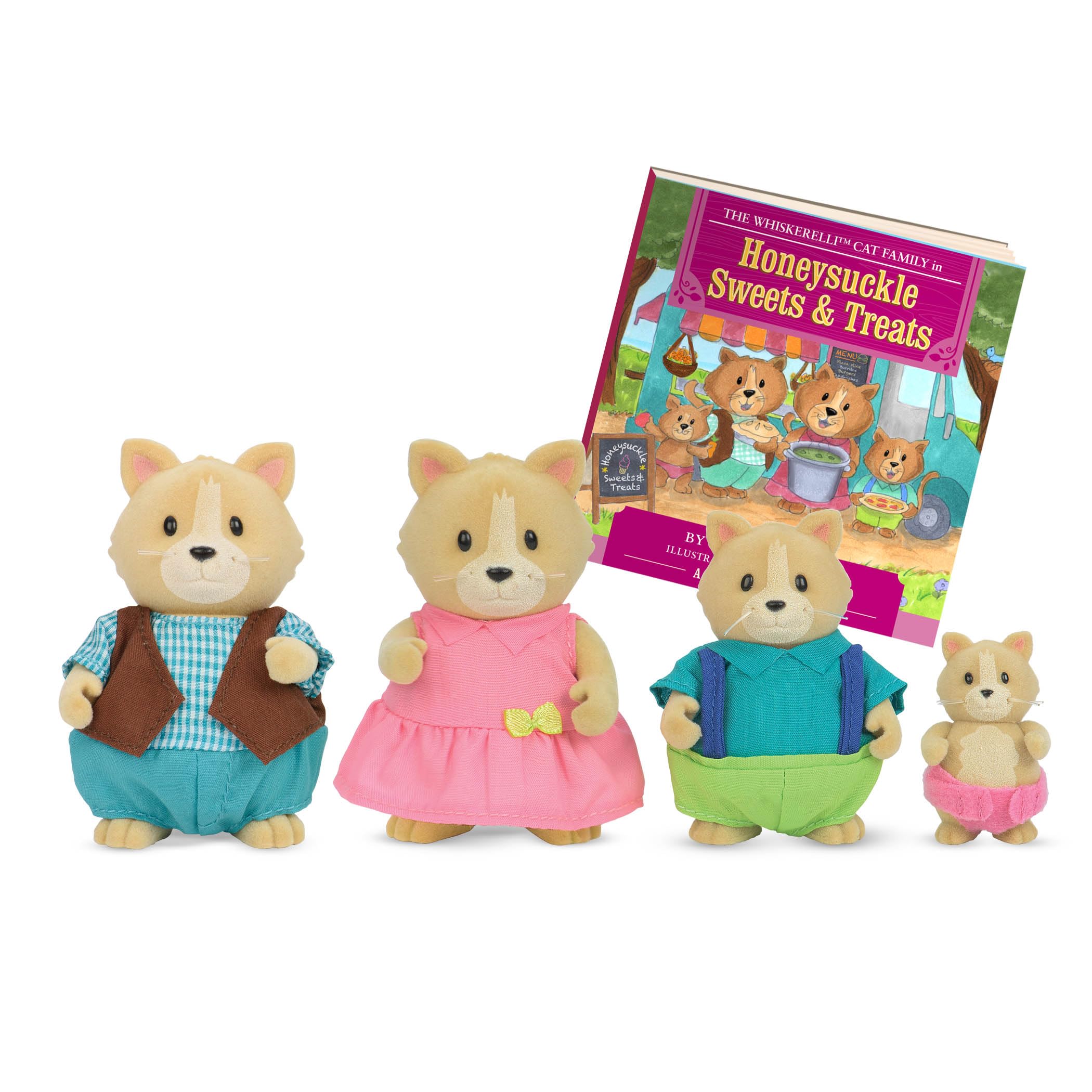 Whiskerelli Cat Family – Li’l Woodzeez 4-Piece Figurine Set with Storybook, Ages 3+