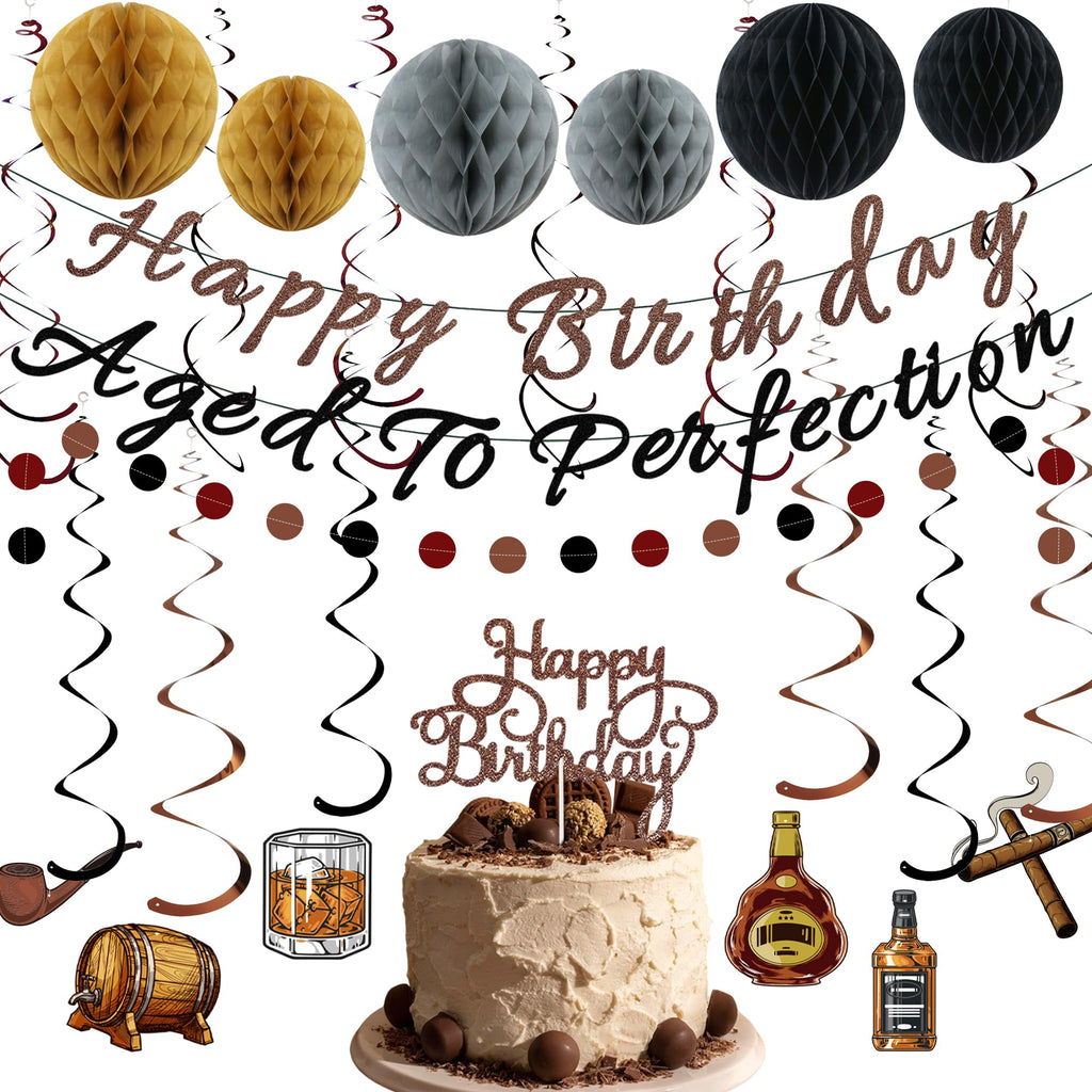 Whiskey Birthday Decorations for Men – Pre-Strung Banners, Honeycomb Balls & Spirals by TMTECHJS