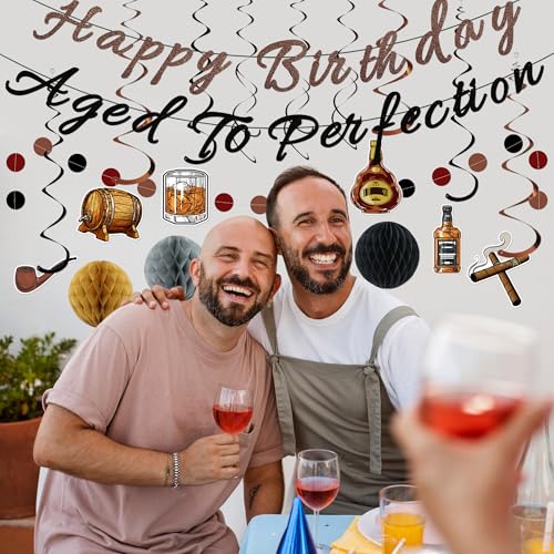Whiskey Birthday Decorations for Men – Pre-Strung Banners, Honeycomb Balls & Spirals by TMTECHJS