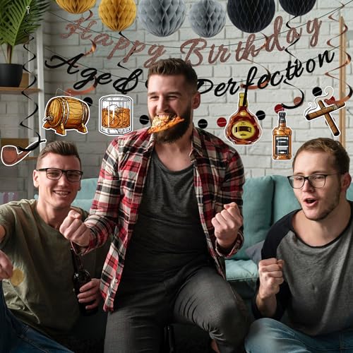 Whiskey Birthday Decorations for Men – Pre-Strung Banners, Honeycomb Balls & Spirals by TMTECHJS