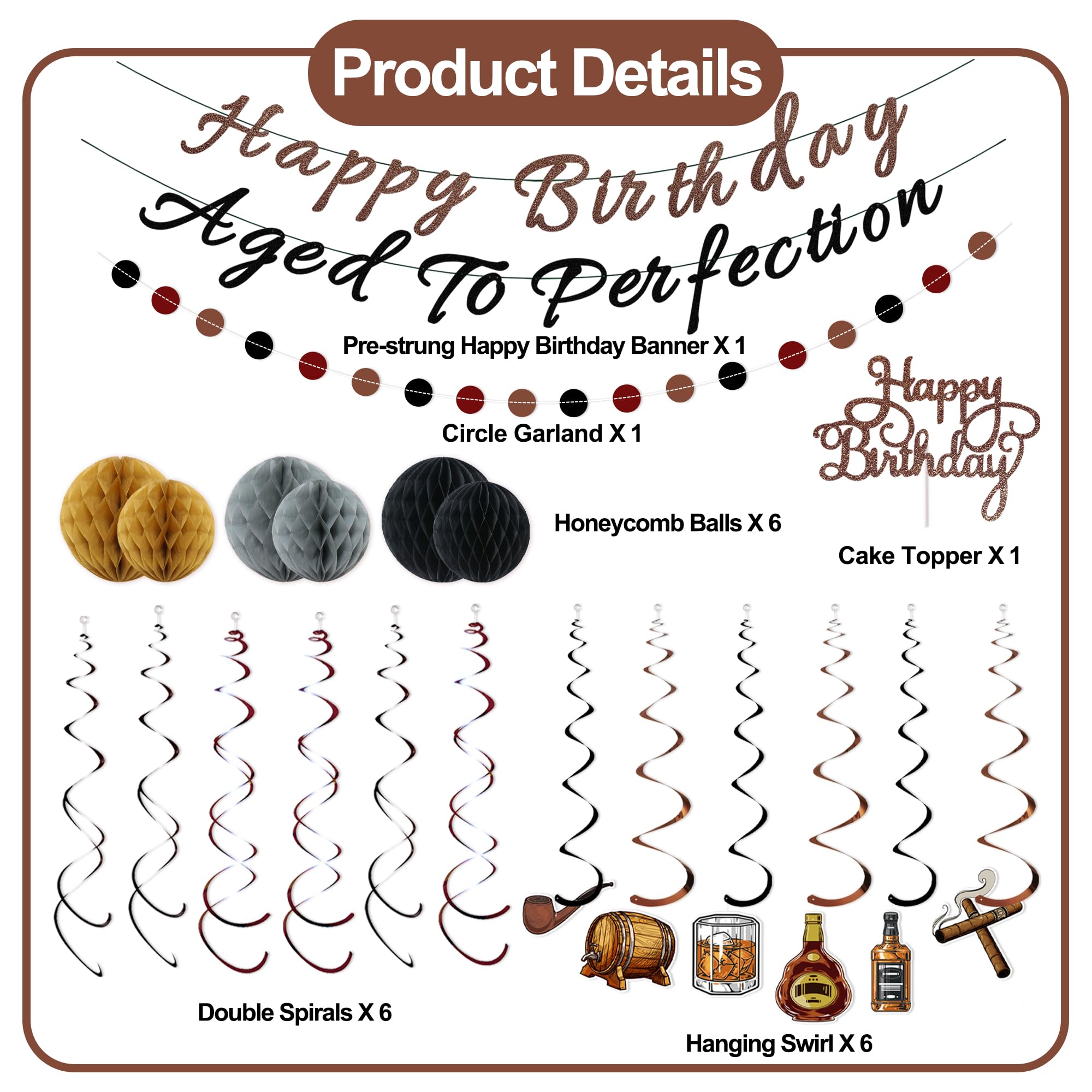 Whiskey Birthday Decorations for Men – Pre-Strung Banners, Honeycomb Balls & Spirals by TMTECHJS