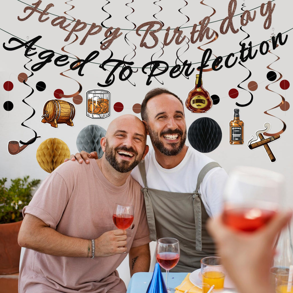Whiskey Birthday Decorations for Men – Pre-Strung Banners, Honeycomb Balls & Spirals by TMTECHJS