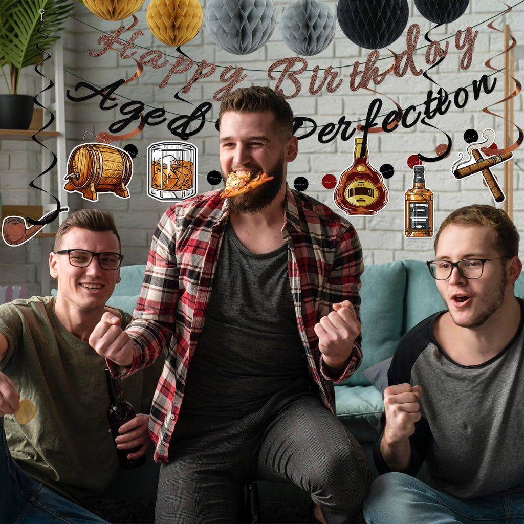 Whiskey Birthday Decorations for Men – Pre-Strung Banners, Honeycomb Balls & Spirals by TMTECHJS